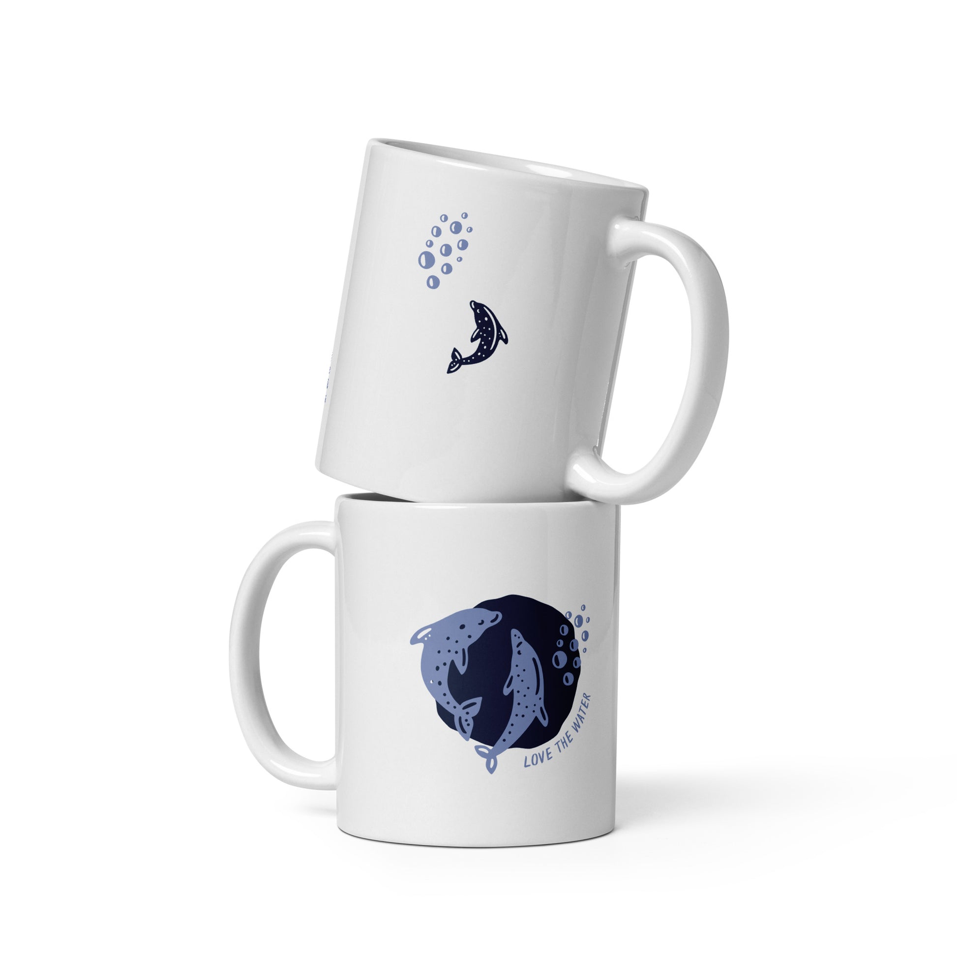 White glossy mug with dolphins 